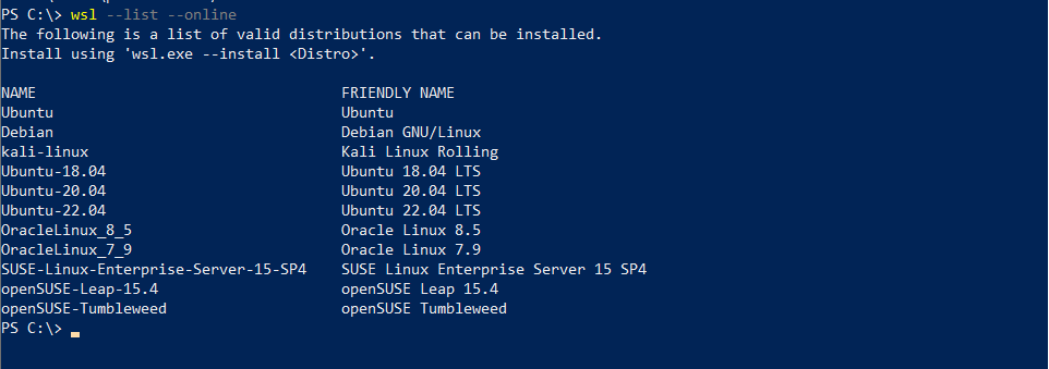 > wsl --list –online
