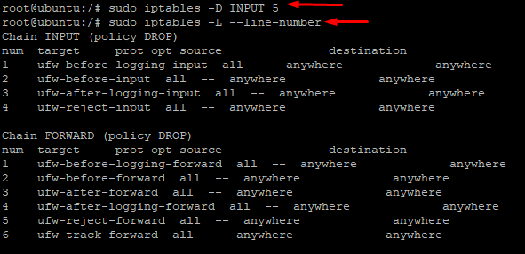 # sudo iptables -D INPUT 5