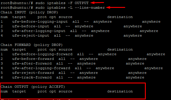 # sudo iptables -F OUTPUT