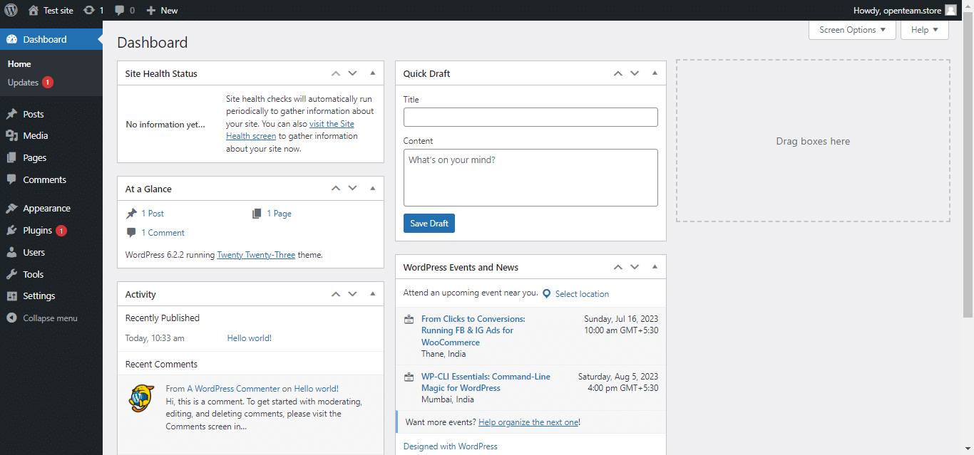 WordPress dashboard