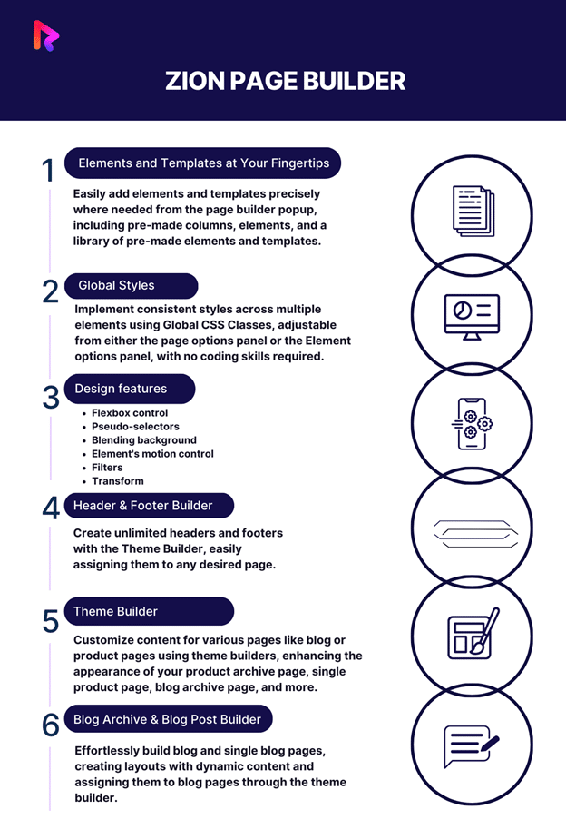 Key features of Zion WordPress Page Builder