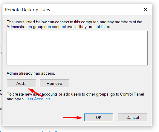 Remote Desktop Users dialog box