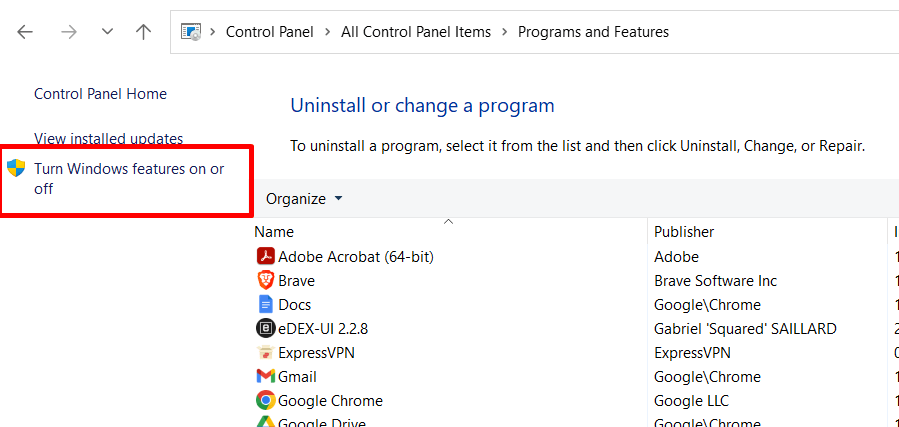 turn Windows features on or off