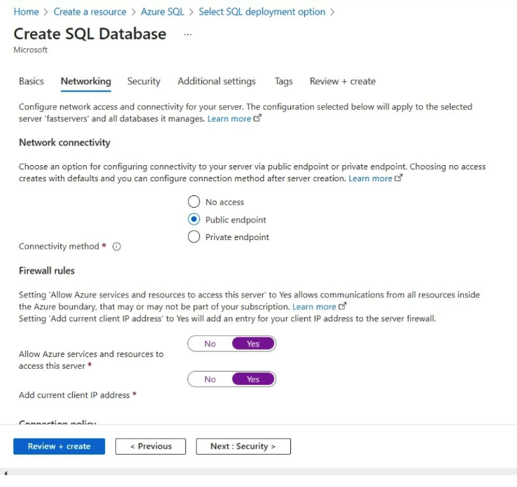setup network azure sql database