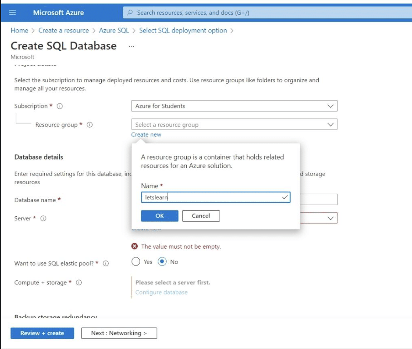 azure sql database enter resources details