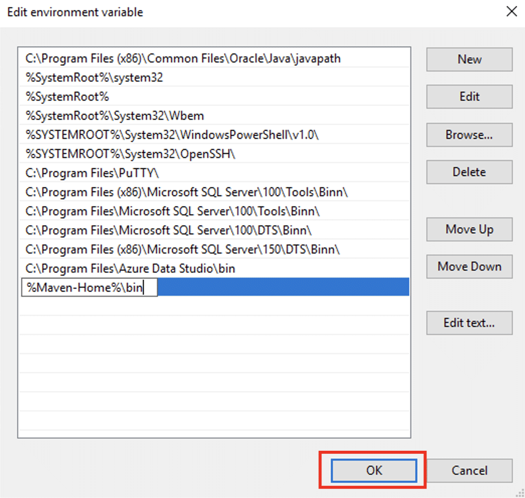 Enter %MAVEN_HOME%\bin into the field. Hit OK to store the changes.