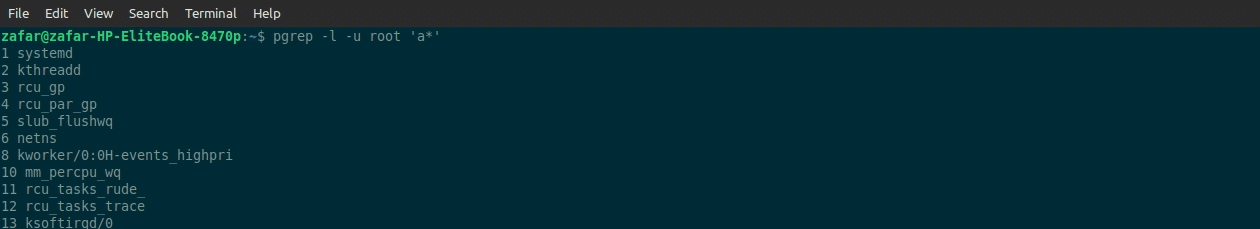  pgrep -l -u root 'a*'