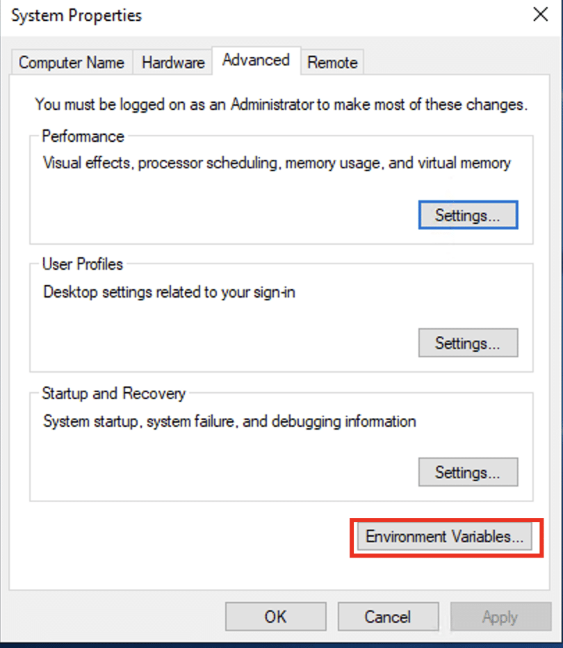 In the System Properties window, select Environment Variables from the Advanced section.