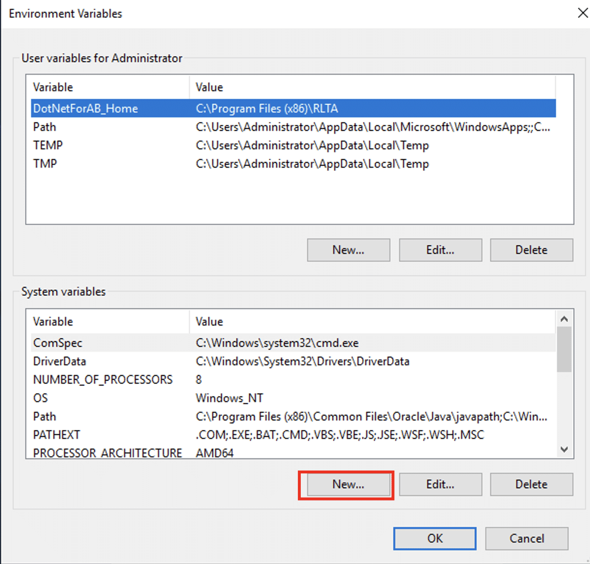 Select New in the System variables section to add a new system environment variable.