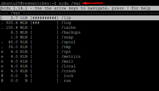 # ncdu /var linux command