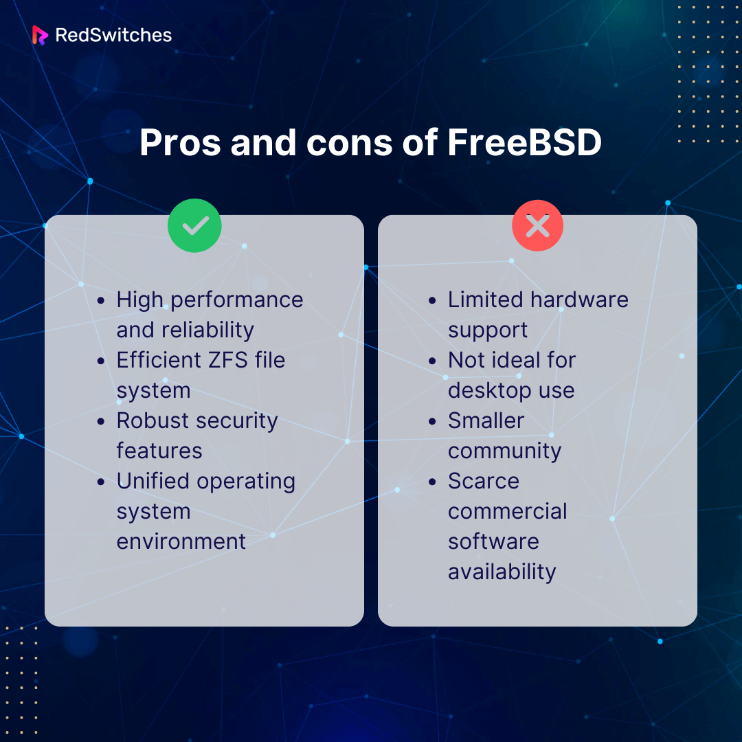 Table summarizing the pros and cons of using FreeBSD