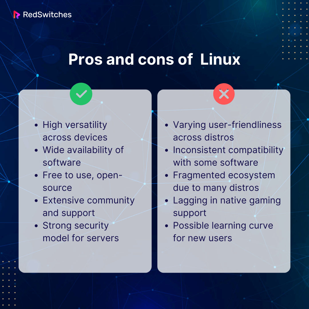 Table summarizing the pros and cons of using Linux
