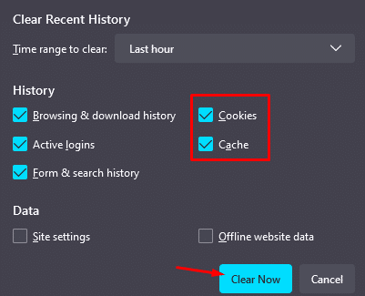 Click the OK button to remove the stored cache and cookies.