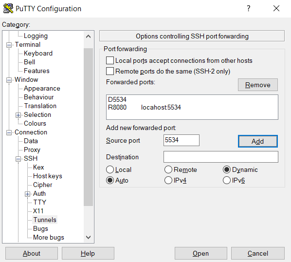 Dynamic Port Forwarding with PuTTY