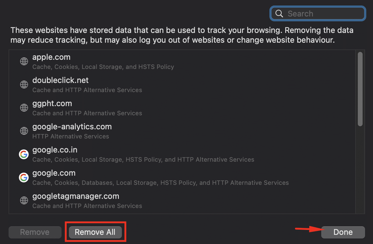 In the small window that appears, you can enter Remove All to remove all the stored data like cache and cookies. Or, simply find the data for a specific website causing the problem and click Remove