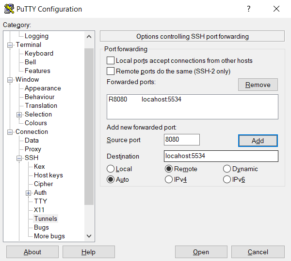 Navigate to Connection SSH Tunnels using the Category list on the left.