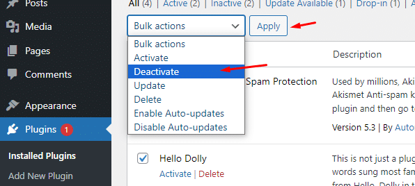 Pick Deactivate from the Bulk Actions dropdown menu, and click Apply.