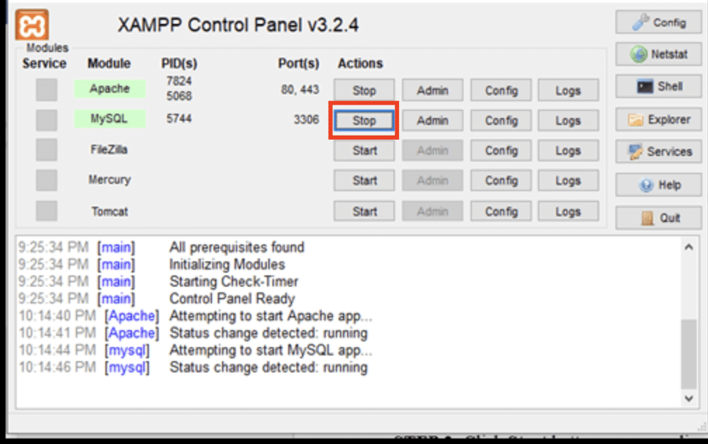 XAMPP control panel