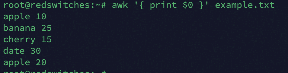 # awk '{ print $0 }' example.txt