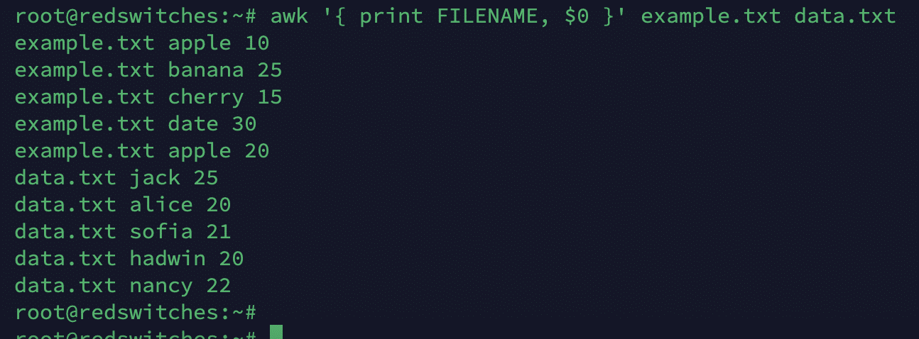 # awk '{ print FILENAME, $0 }' example.txt