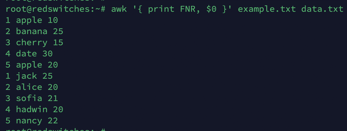 # awk '{ print FNR, $0 }' example.txt data.txt