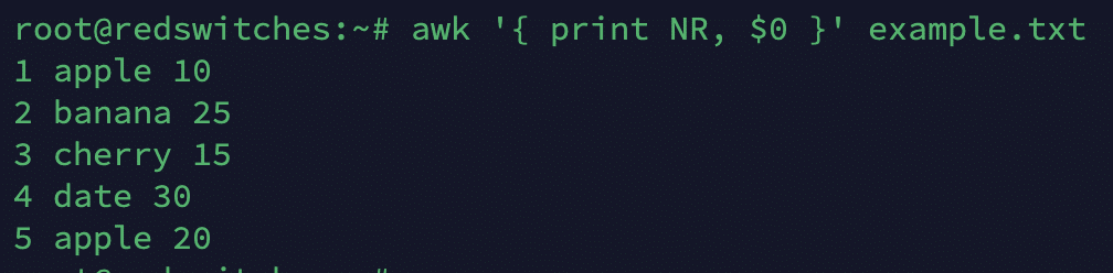 # awk '{ print NR, $0 }' example.txt
