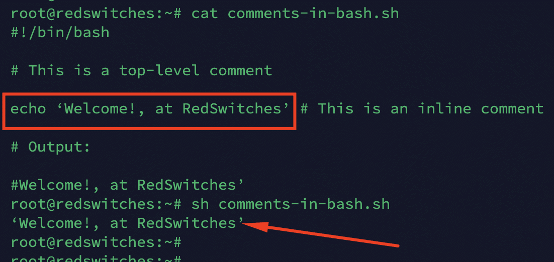 bash comments in script output