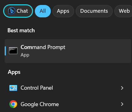 command prompt search in start menu