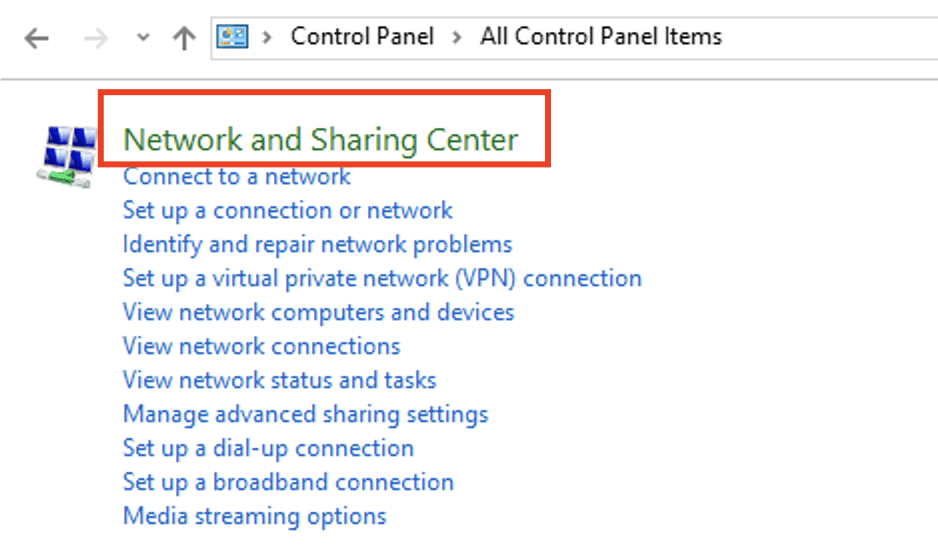 select network sharing center