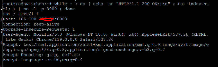 $ while ; do ( echo -ne HTTP1.1 200 OKrn ; cat index.html; ) nc -l -p 8080 ; done