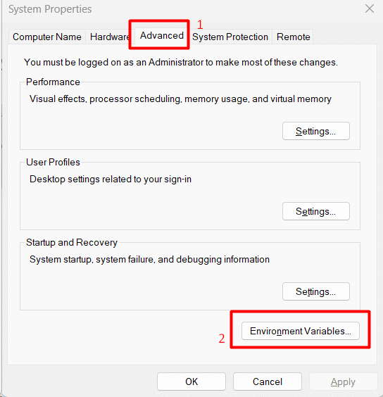 Click the Advanced tab (1) to access the Environment Variables button (2)