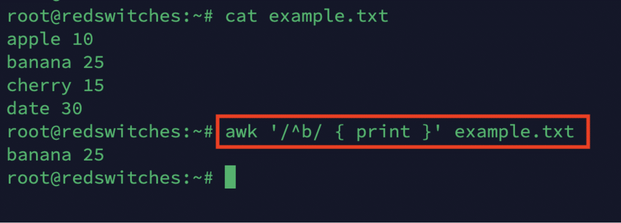 # awk '^b { print }' example.txt