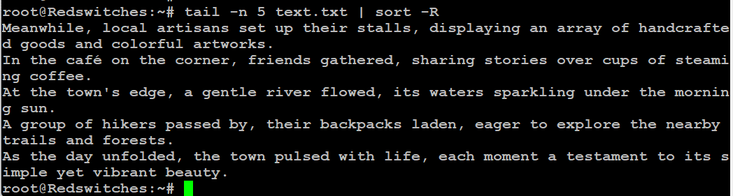 tail -n 5 text.txt sort R