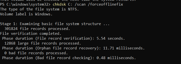 chkdsk C scan forceofflinefix