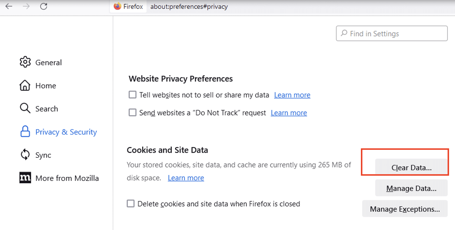 clear data from firefox
