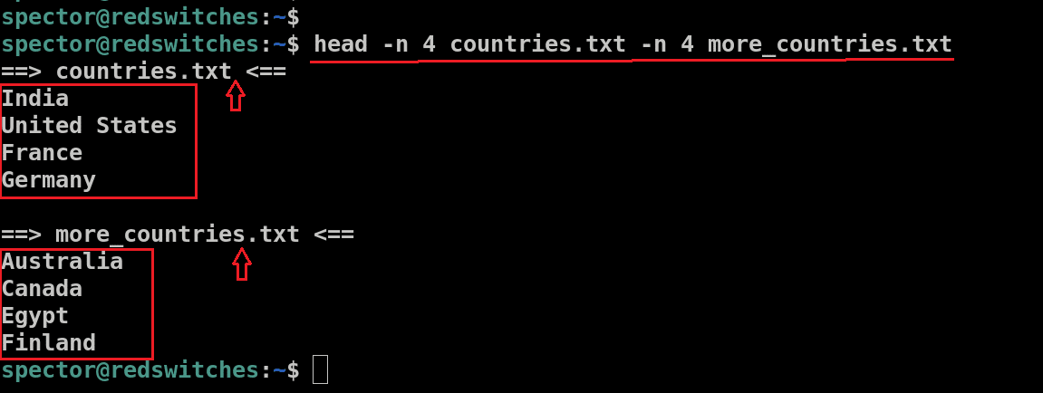 head -n 4 countries.txt more_countries.txt