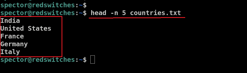head -n 5 countries.txt