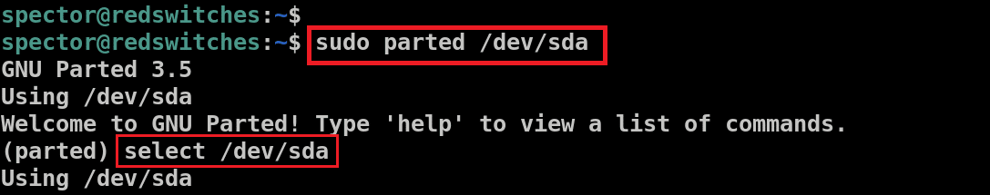 (parted) select devsda