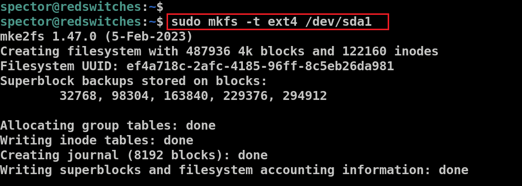 sudo mkfs -t ext4 devsda1