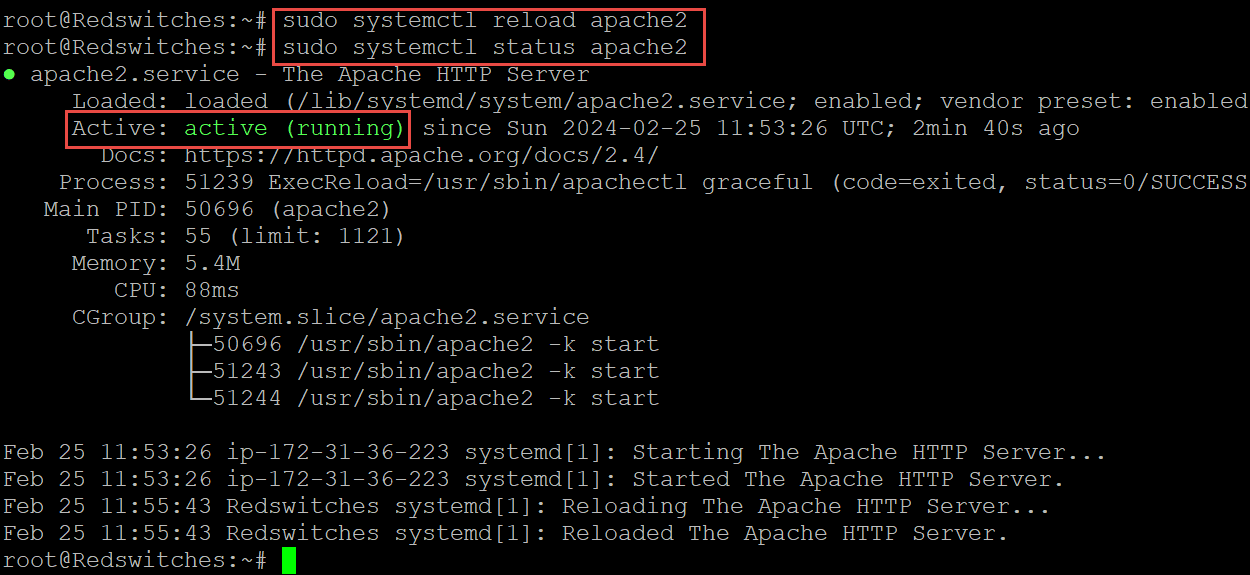 sudo systemctl reload apache2 sudo systemctl status apache2