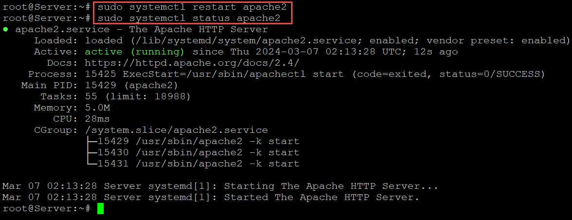 sudo systemctl restart apache2 sudo systemctl status apache2