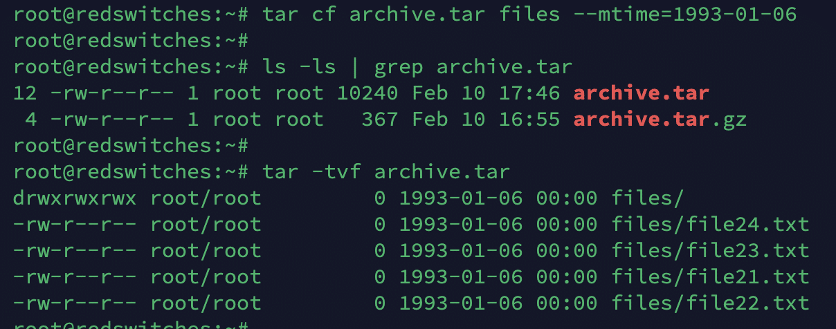 tar cf archive.tar files --mtime=1993-01-06