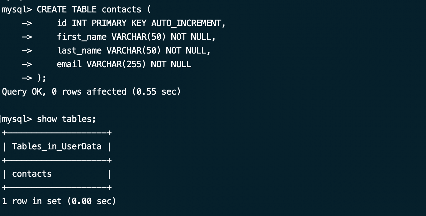 CREATE TABLE contacts