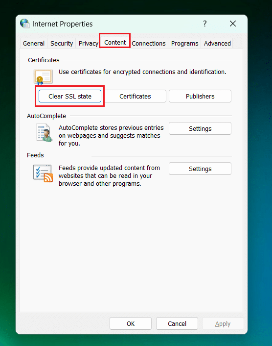 Navigate to the Content Tab and click Clear SSL State