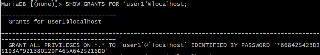 SHOW GRANTS FOR 'user1'@localhost