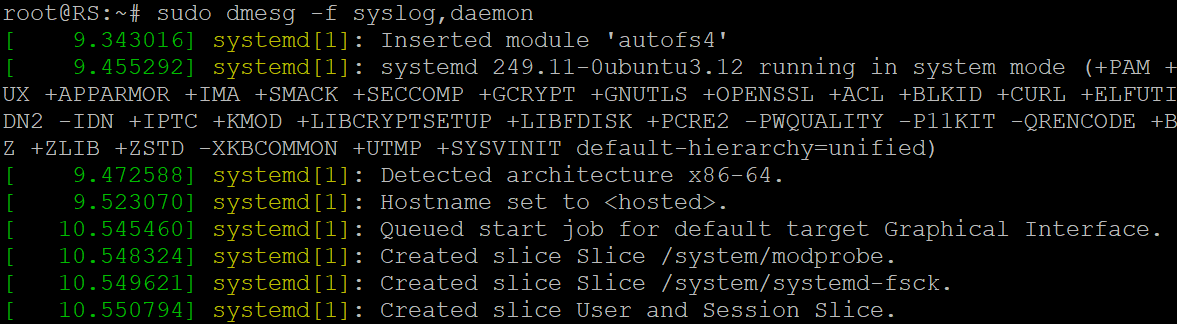 sudo dmesg -f syslog,daemon