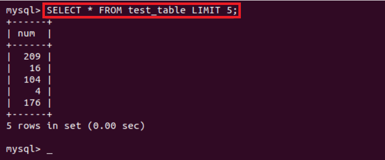 mysql select from test table limit is 5