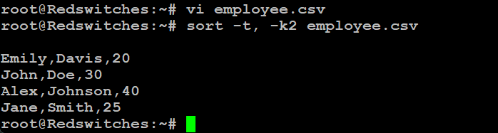 sort -t, -k2 filename.csv