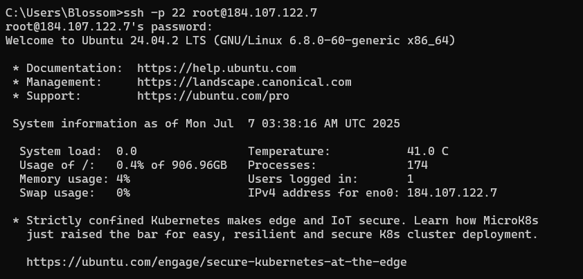 # ssh -p 22 root@184.107.122.7